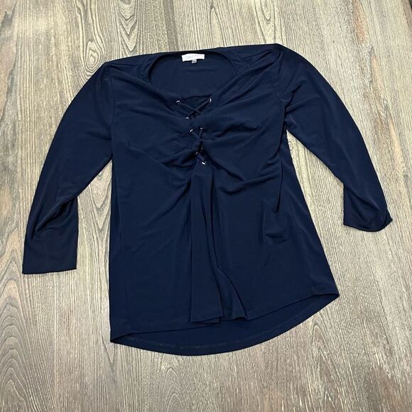 Calvin Klein Lace-Up Neck Blouse Top 3/4 Sleeve Pullover Stretch Navy Blue Small - Picture 1 of 4